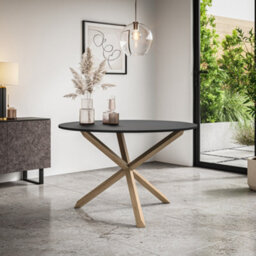 More4Homes Malvern Round Dining Table And Chairs -  Black Table Top W Solid Oak Legs + Anika Velvet Dining Chair Set Of 4 (Green) - thumbnail 2