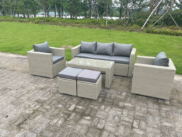 Fimous Pe Wicker Rattan Garden Furniture Sofa Sets Outdoor Patio Coffee Table With Storage Stools Light Grey