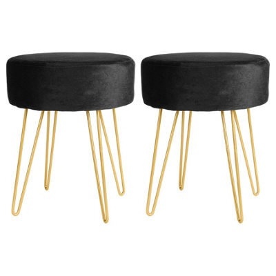Harbour Housewares 2X Velvet Footstools - Round Modern Dressing Table Footstool Vanity Seat Chairs - 40 X 35Cm - Black/gold - image 1