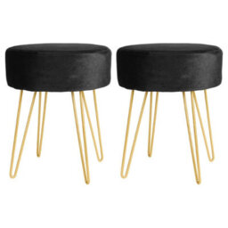 Harbour Housewares 2X Velvet Footstools - Round Modern Dressing Table Footstool Vanity Seat Chairs - 40 X 35Cm - Black/gold