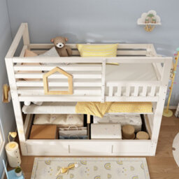 Abrihome Kids Bunk Beds With Ladder And Hydraulic Storage, Wooden Cabin Bed Childrens House Bed, Twin Sleeper 90X190 Cm Solid Wood White - thumbnail 8