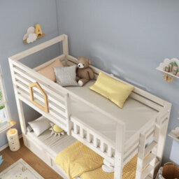 Abrihome Kids Bunk Beds With Ladder And Hydraulic Storage, Wooden Cabin Bed Childrens House Bed, Twin Sleeper 90X190 Cm Solid Wood White - thumbnail 9