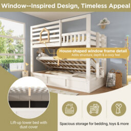 Abrihome Kids Bunk Beds With Ladder And Hydraulic Storage, Wooden Cabin Bed Childrens House Bed, Twin Sleeper 90X190 Cm Solid Wood White - thumbnail 3