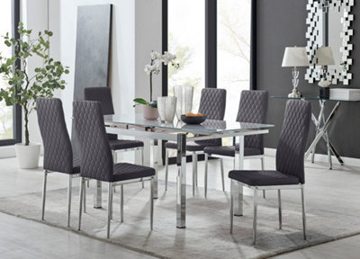 Furniturebox Uk 6 Seater Dining Set - Enna White Glass & Chrome Extendable Dining Table And Chairs - 6 Grey Velvet Milan Chairs