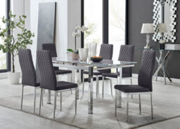 Furniturebox Uk 6 Seater Dining Set - Enna White Glass & Chrome Extendable Dining Table And Chairs - 6 Grey Velvet Milan Chairs - thumbnail 1