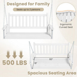 2-Person Wooden Garden Swing Bench Porch Hanging Swing Chair Back White - thumbnail 7