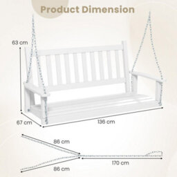 2-Person Wooden Garden Swing Bench Porch Hanging Swing Chair Back White - thumbnail 2