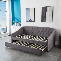 Kosy Koala Daybed With Trundle Grey 3Ft Single Velvet Tufted Wooden Day Bed Bedroom