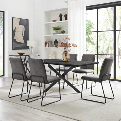 Furniturebox Uk Leonardo Black Top Dining Table & 6 Halle Dark Grey Fabric Chairs - image 1
