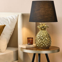 Beliani Pineapple Table Lamp In Gold With Black Ceramic Base - 32Cm Dia X 52Cm H, Warm White Shade - thumbnail 1