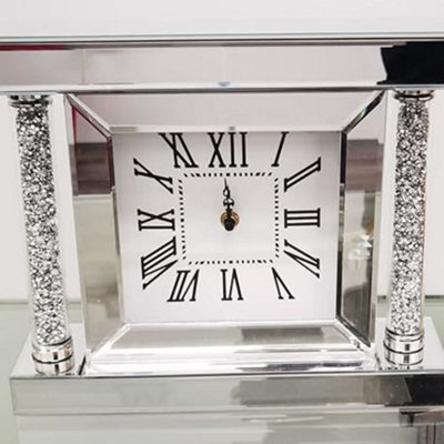Biznest Crushed Jewel Mirror Wall Clock Roman Numbers Pillars Diamante Mirror Glass Clock H 27 X W 32 X D 8Cm