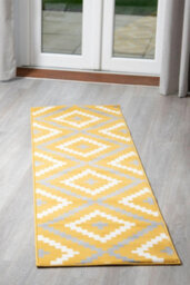 Bravich Hard Wearing Hessian Backed Stair Runner Kitchen Mat - Texas Yellow & Grey Geometric Tiles - 60X240Cm (2'x8') - thumbnail 2