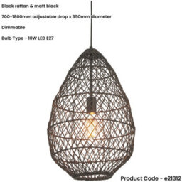 Loops Hanging Ceiling Pendant Light - Black Rattan Basket & Matt Black - 10W Led E27 - thumbnail 2
