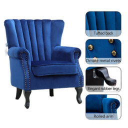 Living And Home Dark Blue Vintag Armchair With Rubberwood Legs, 90Cm H - thumbnail 3