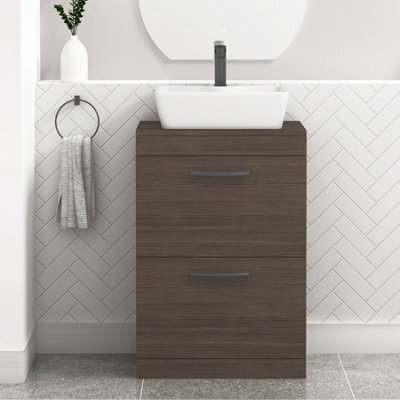 Royal Bathrooms 600mm Floor Standing Vanity Unit 2 Drawer Grey Elm & Countertop Basin - Cube With Matt Black Handle - image 1