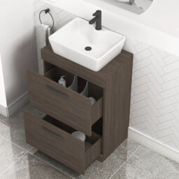 Royal Bathrooms 600mm Floor Standing Vanity Unit 2 Drawer Grey Elm & Countertop Basin - Cube With Matt Black Handle - thumbnail 3