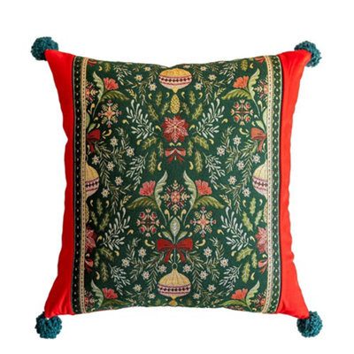 Amorly 45X45Cm Christmas Jacquard Cushion Cover, Festive Floral Pattern Throw Pillow Case With Pom Poms For Sofa, Inserts Not Included - image 1
