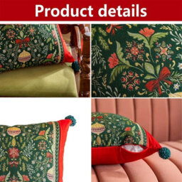 Amorly 45X45Cm Christmas Jacquard Cushion Cover, Festive Floral Pattern Throw Pillow Case With Pom Poms For Sofa, Inserts Not Included - thumbnail 6