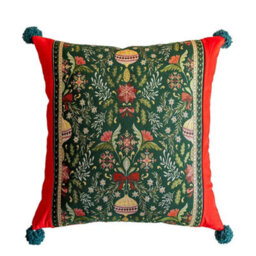 Amorly 45X45Cm Christmas Jacquard Cushion Cover, Festive Floral Pattern Throw Pillow Case With Pom Poms For Sofa, Inserts Not Included - thumbnail 2