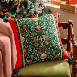 Amorly 45X45Cm Christmas Jacquard Cushion Cover, Festive Floral Pattern Throw Pillow Case With Pom Poms For Sofa, Inserts Not Included - thumbnail 3