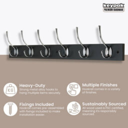 Keypak Victorian 6 Hook Wall-Mount Wooden Coat Rack, 68Cm - Black Board, Polished Chrome Hook - Pre-Assembled, Fixings Included - thumbnail 2