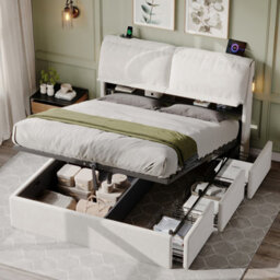 Matteo King Size Velvet Ottoman Storage Bed Frame With Led, Usb Charging & Headboard Storage - Cream White - thumbnail 4