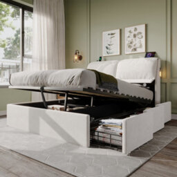 Matteo King Size Velvet Ottoman Storage Bed Frame With Led, Usb Charging & Headboard Storage - Cream White - thumbnail 2