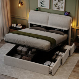 Matteo King Size Velvet Ottoman Storage Bed Frame With Led, Usb Charging & Headboard Storage - Cream White - thumbnail 3