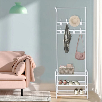 White-Coat Rack Stand And Shoe Storage Bench Metal Hall Tree With 3-Tier Shelf - image 1