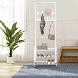 White-Coat Rack Stand And Shoe Storage Bench Metal Hall Tree With 3-Tier Shelf - thumbnail 6