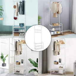 White-Coat Rack Stand And Shoe Storage Bench Metal Hall Tree With 3-Tier Shelf - thumbnail 5