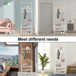 White-Coat Rack Stand And Shoe Storage Bench Metal Hall Tree With 3-Tier Shelf - thumbnail 4