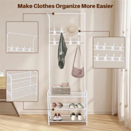 White-Coat Rack Stand And Shoe Storage Bench Metal Hall Tree With 3-Tier Shelf - thumbnail 3