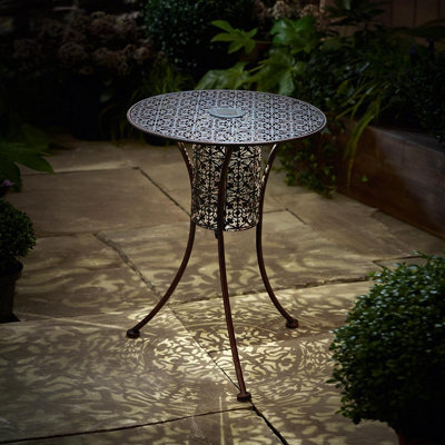 Filigree Silhouette Bistro Table With Built-In Solar Light - Weather Resistant Metal Led Illuminated Garden Table - H60 X 45Cm Dia - image 1
