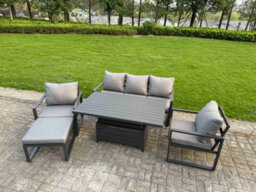 Fimous 5-Piece Aluminium Garden Furniture Sets Outdoor Sofa Set With Adjustable Rising Lifting Dining Table 2 Chairs Big Footstool - thumbnail 2