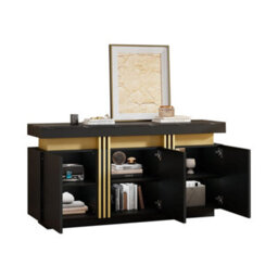 "Btm Modern Black And Gold Buffet Cabinet, 55"" Sideboard With Faux Marble Top, 3 Doors And Adjustable Shelves, Luxury Storage" - thumbnail 7