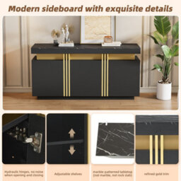 "Btm Modern Black And Gold Buffet Cabinet, 55"" Sideboard With Faux Marble Top, 3 Doors And Adjustable Shelves, Luxury Storage" - thumbnail 6