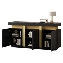 "Btm Modern Black And Gold Buffet Cabinet, 55"" Sideboard With Faux Marble Top, 3 Doors And Adjustable Shelves, Luxury Storage" - thumbnail 2