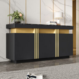 "Btm Modern Black And Gold Buffet Cabinet, 55"" Sideboard With Faux Marble Top, 3 Doors And Adjustable Shelves, Luxury Storage" - thumbnail 1