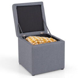 Gainoom Grey Square Storage Ottoman Linen Fabric Upholstered Footstool With Lid And Padded Seat
