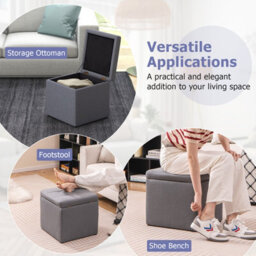 Gainoom Grey Square Storage Ottoman Linen Fabric Upholstered Footstool With Lid And Padded Seat - thumbnail 6