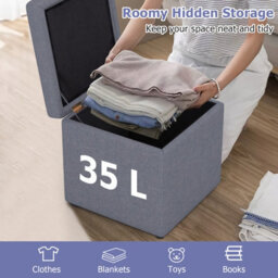 Gainoom Grey Square Storage Ottoman Linen Fabric Upholstered Footstool With Lid And Padded Seat - thumbnail 7