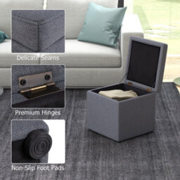 Gainoom Grey Square Storage Ottoman Linen Fabric Upholstered Footstool With Lid And Padded Seat - thumbnail 9