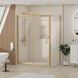Royal Bathrooms Venice 1000 X 800mm Brushed Brass Sliding Door Shower Enclosure With White Stone Shower Tray & Side Panel 6mm Tempered Glass - thumbnail 3