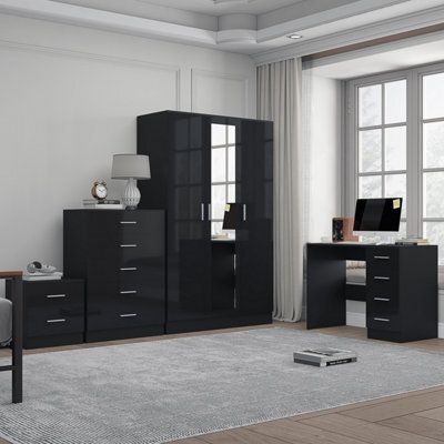 Reflect 3 Door Mirror Wardrobe, 5 Drawer Chest, 2 Drawer Bedside & Desk - Black Gloss & Black Oak - Modern Bedroom Furniture Set - image 1