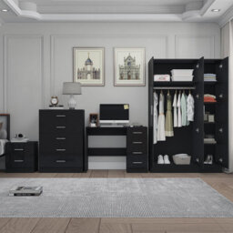 Reflect 3 Door Mirror Wardrobe, 5 Drawer Chest, 2 Drawer Bedside & Desk - Black Gloss & Black Oak - Modern Bedroom Furniture Set - thumbnail 4