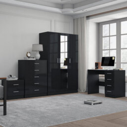 Reflect 3 Door Mirror Wardrobe, 5 Drawer Chest, 2 Drawer Bedside & Desk - Black Gloss & Black Oak - Modern Bedroom Furniture Set