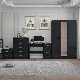 Reflect 3 Door Mirror Wardrobe, 5 Drawer Chest, 2 Drawer Bedside & Desk - Black Gloss & Black Oak - Modern Bedroom Furniture Set - thumbnail 3