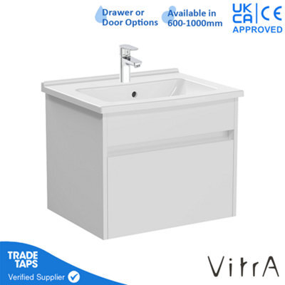 Vitra 600mm Wall Hung Bathroom Vanity Unit With 1 Drawer & Basin - White Gloss Includes Chrome Tap - image 1