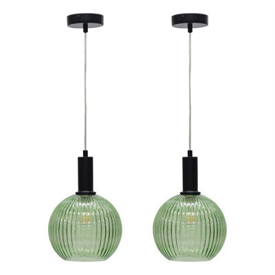 First Choice Lighting Set Of 2 Betchley - Green Ribbed Globe Black Deco Pendants - image 1